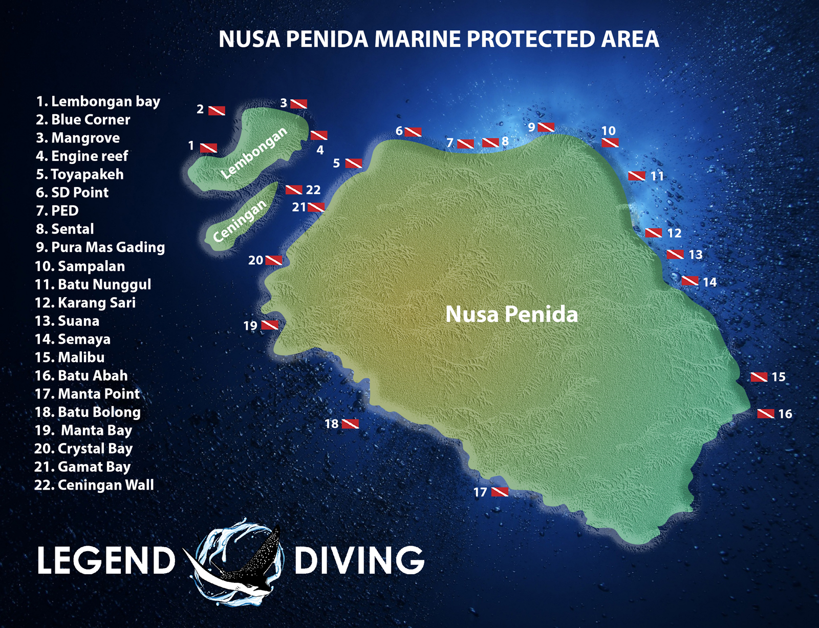Diving map of Nusa Lembongan and Penida