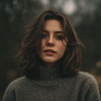Young woman with wavy brown hair in a gray turtleneck, gazing at the camera with blurred trees behind her.