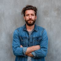 Bearded man with tousled brown hair in a denim jacket standing with arms crossed against a gray concrete wall.