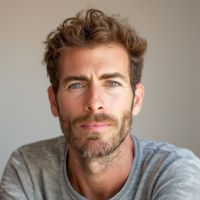 Bearded man with curly brown hair and blue-green eyes in a gray shirt, looking directly at the camera with a calm expression.