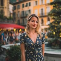 Blonde woman in a dark floral dress standing in a lit European plaza with blurred buildings and string lights behind her.