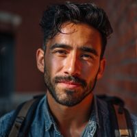 Young man with dark hair and beard wearing a denim shirt and backpack, warm sunlight on his face against a brick wall