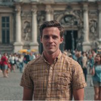 Young man in a brown plaid short-sleeve shirt standing before a crowded historic stone façade with columns and statues.