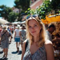 Young woman with sunglasses on her head smiling at a sunny outdoor market, stalls and shoppers blurred behind her.