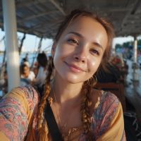 Smiling woman with braided hair and hoop earrings taking a selfie on a sunlit boat, wearing a colorful patterned top with passengers in the background.