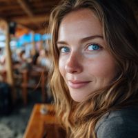 Close-up portrait of a woman with blue eyes and wavy brown hair, smiling slightly in a blurred outdoor café setting.