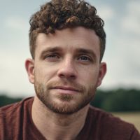 Young man with curly brown hair and short beard looking into the camera with a soft expression, blurred field and trees behind him.