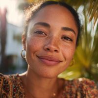Smiling woman with freckles and hoop earrings in warm golden light, tropical plants blurred in the background.