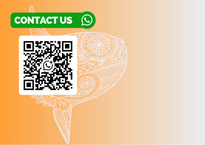 Green "Contact Us" button with WhatsApp icon above a black QR code on a white square, placed over an orange-to-gray gradient background with a white ornate speech-bubble illustration.