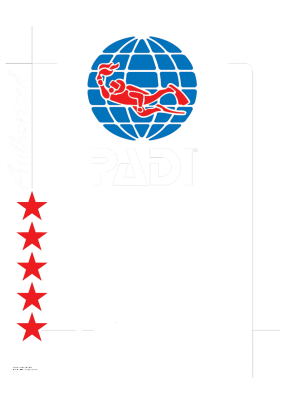 LEGEND PADI 5 STAR DIVE CENTER PADI 5 Star Dive Center logo showing a blue globe with a red scuba diver silhouette, white "PADI" text and "5 STAR DIVE CENTER" with five red stars vertically and "Authorized" script.