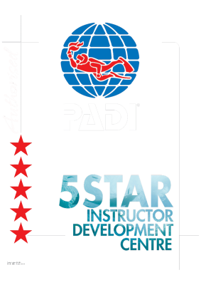 PADI globe logo with red scuba diver silhouette above bold "PADI" text and "5 STAR INSTRUCTOR DEVELOPMENT CENTRE" text, vertical row of five red stars and "Authorised" script at left